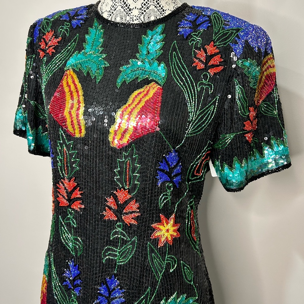 Vintage 80’s silk sequins fully beaded floral design knee length formal dress - Picture 2 of 16